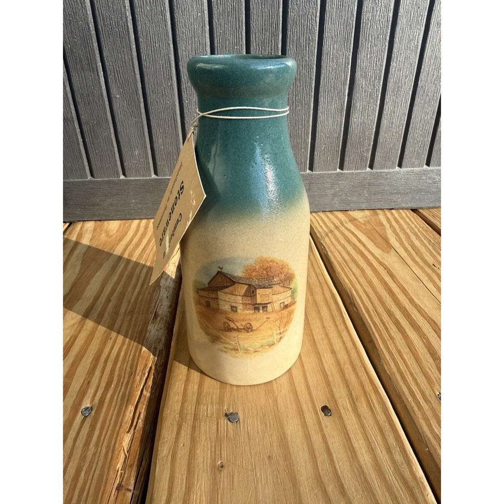 Vintage Handmade Cumberland Stoneware Pottery Milk Bottle Barn Scene